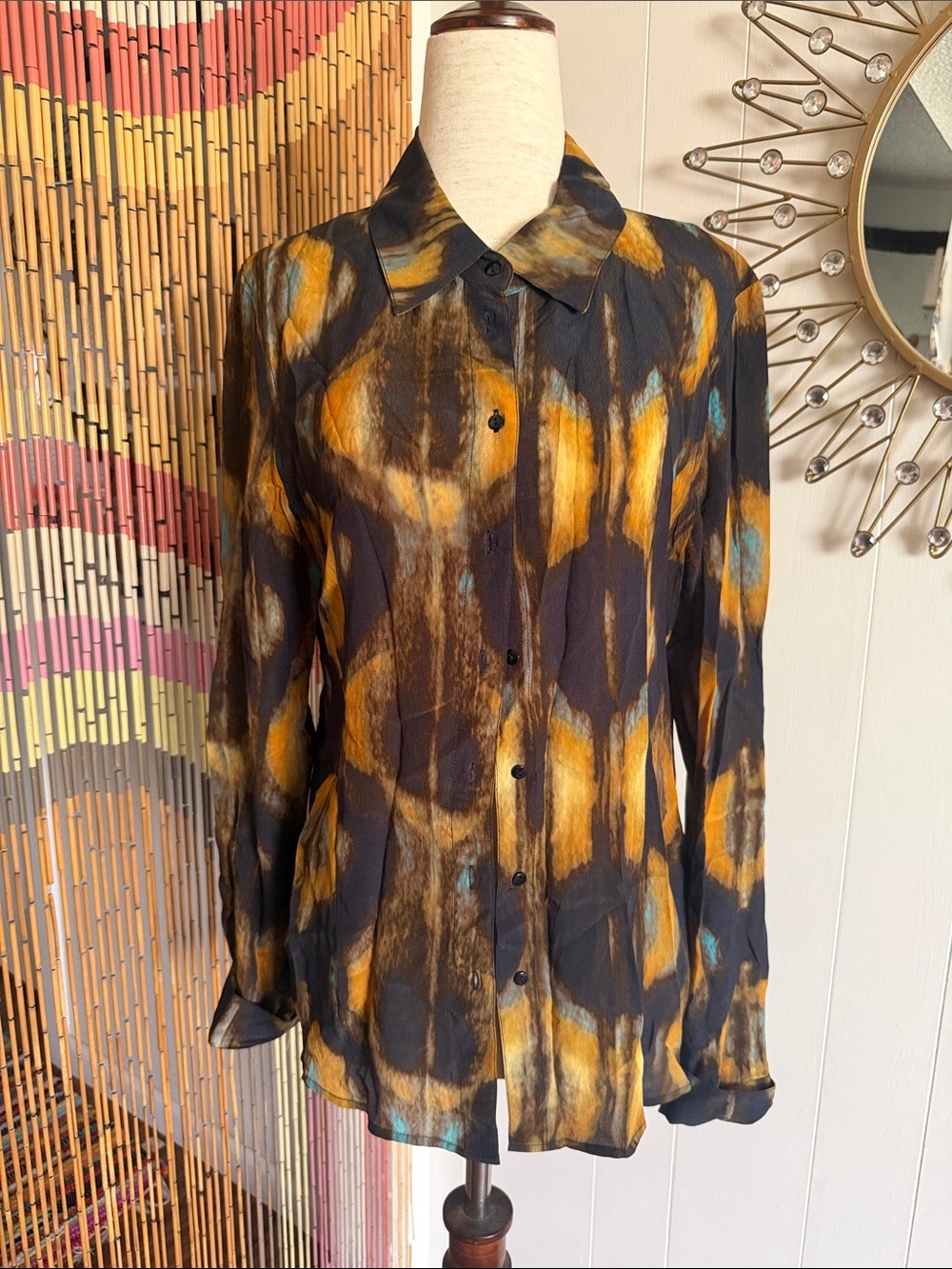 ba&sh Black Button-Down Blouse with Mustard & Teal Abstract Print